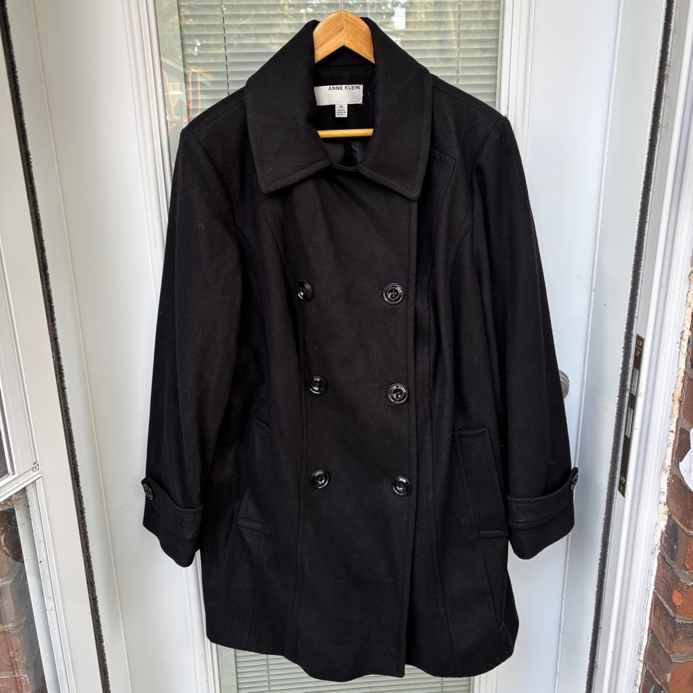 Women's 1X Anne Klein Black Double Breasted Wool Blend Coat